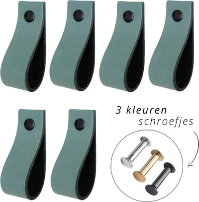 Handles and more - 6x Leren handgrepen lusjes - Vaal Groen - XS (12,6cm) - incl. 3 kleuren schroefjes (handgreepjes - leren handgrepen - greepjes - leren lusjes)