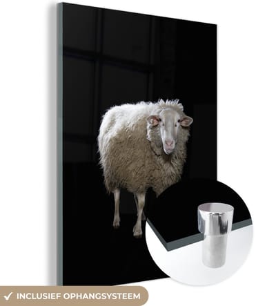 MuchoWow® Glasschilderij 120x160 cm - Schilderij acrylglas - Schaap - Boerderijdieren - Zwart - Foto op glas - Schilderijen