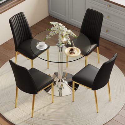 MODENUIT Eettafelset 85 cm - Ronde Glazen Tafel Met 4 Stoelen - Voor Eetkamer En Keuken - Glas Metaal - Zwart Goud