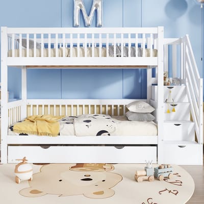 HAUSS SPOLE Stapelbed 90x200 cm - Kinderbed Met Uitschuifbed en Ladderkast - Zonder Matras - Grenenhout en MDF - Wit