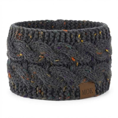Donkergrijze gebreide hoofdband dames met multicolor details – winter haarband met kabelpatroon – warme elastische oorwarmer met leren label – zachte gebreide band voor koude dagen