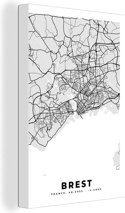 Canvas Schilderij Kaart - Stadskaart - Frankrijk - Brest - Plattegrond - 20x30 cm - Wanddecoratie