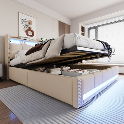 MODENUIT Gestoffeerd bed 180x200 cm – Hoofdbord met opbergruimte en USB – LED en hydraulische bergruimte – Zonder matras – Beige