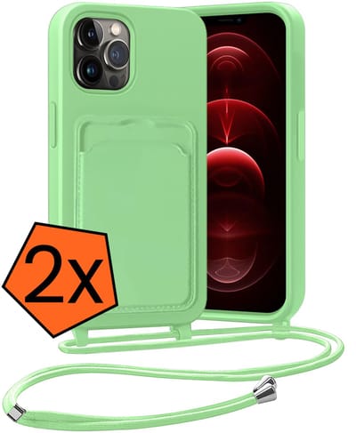 Hoesje Geschikt voor iPhone 13 Pro Hoesje Met Telefoonketting Pasjeshouder Case Koord - Hoesje Geschikt voor iPhone 13 Pro Hoes Met Kaarthouder - Groen - 2 PACK