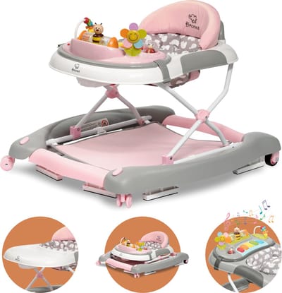 BRONEA® Loopstoeltje baby 4-in-1 | Babywalker met schommelfunctie en speelpaneel met muziek | In hoogte verstelbaar en opvouwbaar | Loopstoel met stille wielen en remmen - Grijs/Rose