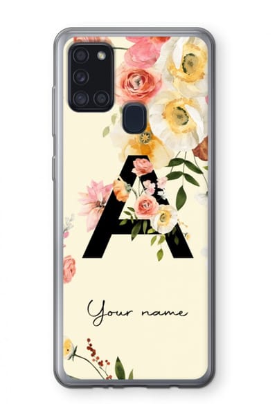 Gepersonaliseerd - Case Company® - Hoesje geschikt voor Samsung Galaxy A21s hoesje - Flirty Flowers Monogram - Soft Cover Telefoonhoesje - Bescherming aan alle Kanten en Schermrand