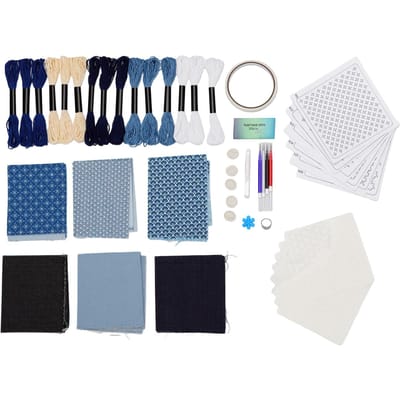 Kit de Broderie Convient Pour la Couture Sashiko pour Débutants 8 Gabarits 6 Motifs Solubles dans l'Eau 6 Tissus Fils Aiguilles gray