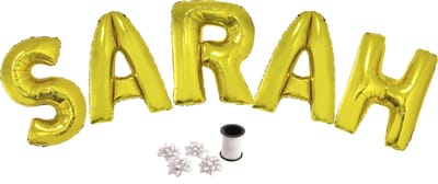 Folie ballonset goud met letters SARAH 102 cm + geschenklint 10m met 4 witte strikken