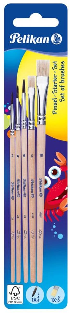 Pelikan penselenset , blister van 5 stuks, S613F in nr 6 en 10 en S24 in nr 2, 4 en 6