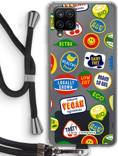 Case Company® - Hoesje met koord geschikt voor Samsung Galaxy A12 hoesje met Koord - Fruitsticker - Telefoonhoesje met Zwart Koord - Bescherming aan alle Kanten en Over de Schermrand