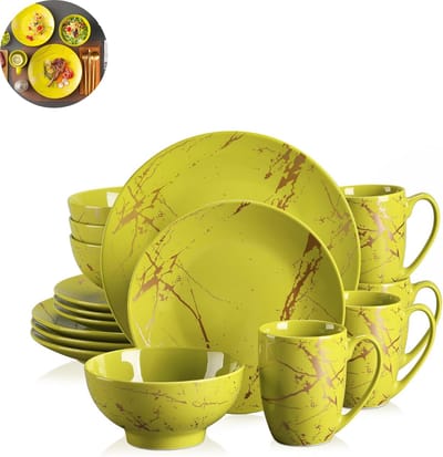 Luxe Serviesset – 16 delig – 4 persoons – Porselein - Bordenset – Dinner platen – Dessertborden - Kommen - Mokken - Groen