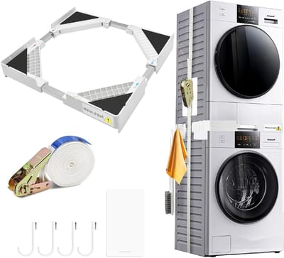 Verstelbare Stapelset voor Wasmachine en Droger met 8 Antislip Pads en Spankettingen, Geschikt voor 44,5–70 cm, Inclusief 4 Haken, Wit en Duurzaam