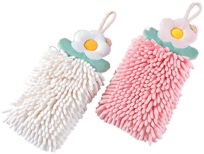 2-Pack Hangende Handdoeken-Ophangbare Handdoeken-Chenille Snel drogend Materiaal-30*16cm-Bloemen Stijl met Ophanglus-Zacht en Pluizig-Roze en Wit-Geschikt voor Badkamers, Keukens en Meubels-Waterabsorberend en Snel drogend - Verdikte Dubbele Laag