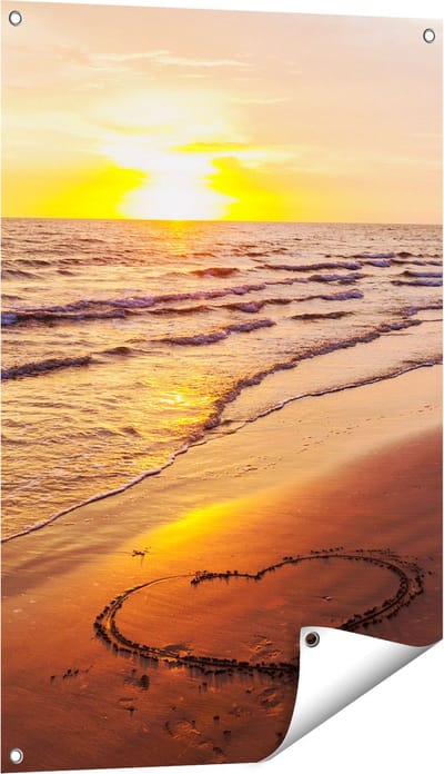 Gards Tuinposter Zonsondergang op het Strand met een Hartje - 60x90 cm - Tuindoek - Tuindecoratie - Wanddecoratie buiten - Tuinschilderij