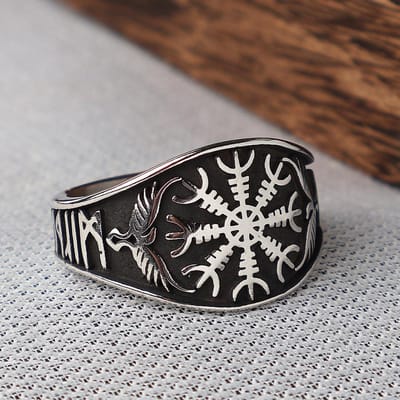Bagues Compas Viking Vegvisir Vintage pour Hommes Acier Inoxydable Amulette Nordique Odin Corbeau Bague Rune Bijoux Biker 9 black