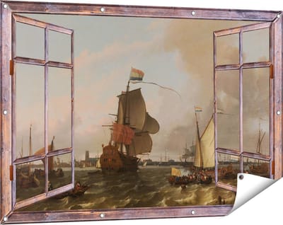 Gards Tuinposter Doorkijk Het Oorlogsschip Brielle op de Maas voor Rotterdam - Ludolf Bakhuysen - 120x80 cm - Tuindoek - Tuindecoratie - Wanddecoratie buiten - Tuinschilderij