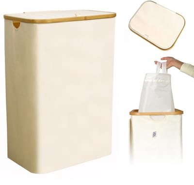 CALIYO Wasmand - Wassorteerder - Wasmand met Deksel - 69×43.5×32.5cm Nis Wasbox - Opvouwbare Mand Vuile Was - 100L - Beige