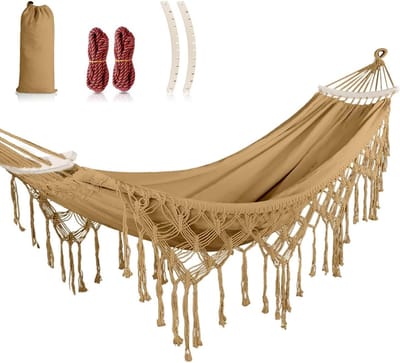 Hangmat met Kwastjes van Duurzaam Katoen in Bohemian Stijl met Dikke Touwen en Draagtas voor Buiten, Tuin en Patio