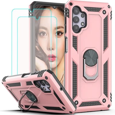 Hoesje Geschikt Voor Samsung Galaxy A32 Hoesje kickstand Armor case Rose Goud - Galaxy A32 4G Ring houder TPU backcover hoesje - met Galaxy A32 4G screenprotector 2 pack