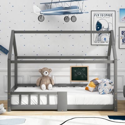 Gutent Kinderbed, Grijs (Zonder matras), 90 x 200 cm Houten bed voor kinderkamer, Huisstijl, incl. anti-vervende lattenbodem, gemaakt van dennenhout