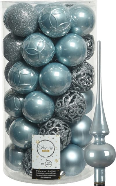 Kunststof kerstballen D6 cm - incl. glazen piek glans - lichtblauw