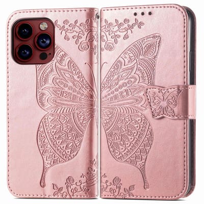YPCd Bookcase geschikt voor Apple iPhone 15 Pro Max - Vlinder Design - Portemonnee / Wallet Hoesje - Roze