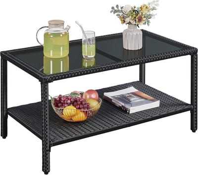 Bijzettafel Tuin met Gehard Glas - Rotan Salontafel Buiten - Weerbestendige Balkontafel met Opbergplank - Zwart - Voor Terras, Balkon, Tuin en Woonkamer