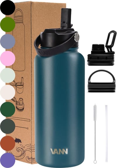 VANN® 3-Wandige RVS Drinkfles 1 Liter met rietje voor volwassenen – Met 5 accessoires – Thermosfles – 24 uur koud/12 uur warm – Nordic Sea – VANN Ultimate Bottle®
