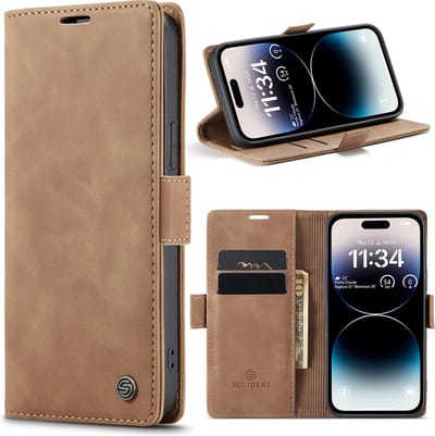 Geschikt Voor iPhone 14 Pro Hoesje - Solidenz Urban Bookcase 14 Pro - Telefoonhoesje 14 Pro - 14 Pro Case Met Pasjeshouder - PU Leren Hoes - Draadloos Opladen - Bruin