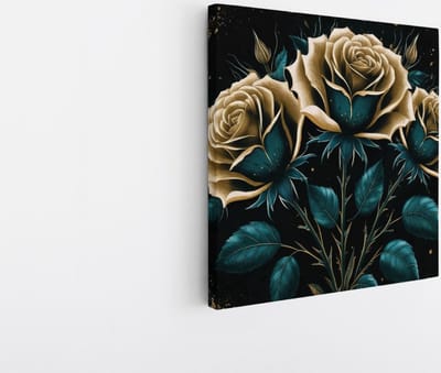 Saammp Canvas Schilderij - goud Groene bloemen - Abstract - 20x20 - Foto op canvas - Wanddecoratie - Muurdecoratie Woonkamer - Kantoor Decoratie