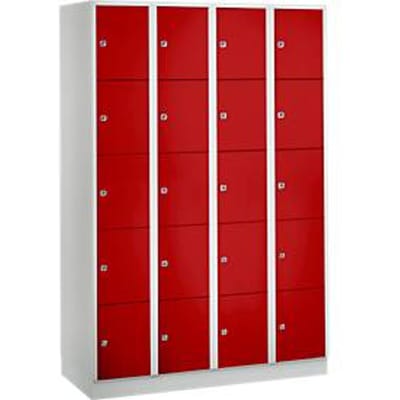 Vakkenkast 300 mm, 4 compartimenten, 20 vakken, veiligheidscilinderslot, sokkel, vuurrood