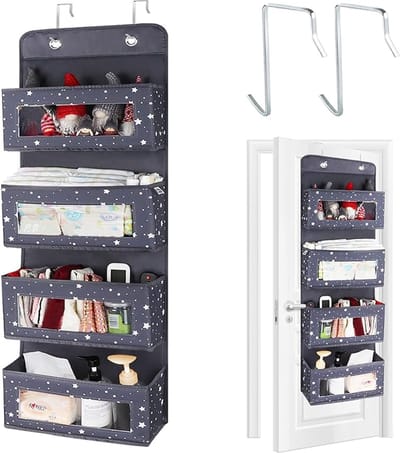 Over de deur hangende wandorganizer - Ruimtebesparende Hangende - 4 Vakken- Deurophanging - Opbergorganizer met Transparant Venster voor Speelgoed - Tijdschrift - Baby organizer (Grijs)