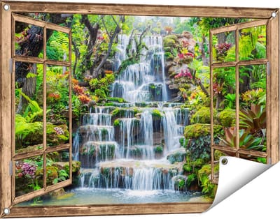 Gards Tuinposter Doorkijk Tropische Waterval in Thailand - 90x60 cm - Tuindoek - Tuindecoratie - Wanddecoratie buiten - Tuinschilderij