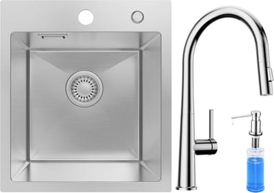 SOFETIY MAX Spoelbak voor keuken 40x45 cm - Spoelbak Keuken Met C-uitloop Keukenkraan en Zeepdispenser 300ML - Spoelbakken Keuken Geborsteld RVS - Wasbak Keuken - Voor Kasten van 40 cm