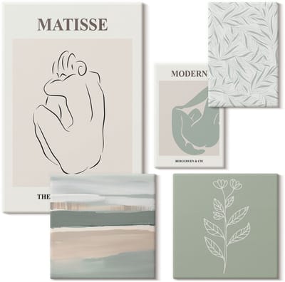 Wallfluent Set van canvas schilderijen - Stijlvolle minimalistische afbeeldingen met planten- en lijnmotieven Canvas Schilderijen Set - Set van 5 Canvas Schilderijen - Beige Set van Canvas Prints - Deel Canvas Kunst Set - Boheemse Canvas Kunst Set