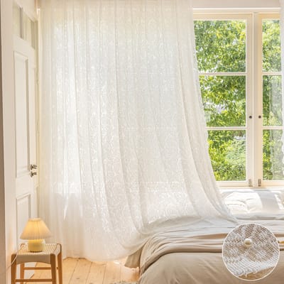 Qelus Luxe Vitrage met Parels - Elegant Voile Gordijn met Kralen - Transparant - Tunnelzoom - Voor Woonkamer & Bruiloft - Voilage avec Perles - B140xH100cm