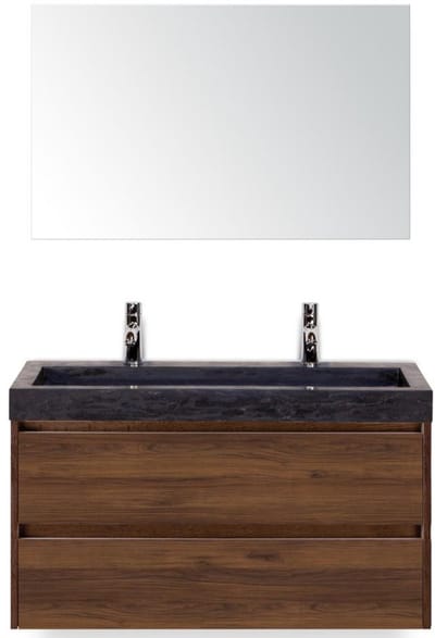 Dante Badmeubelset 100 cm - Walnoot - Wastafel Hardsteen Wit Lucca 2 Kraangaten met Spiegel