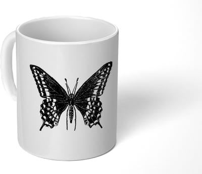 Mok - Koffiemok - Vlinder - Dieren - Retro - Zwart wit - Mokken - 350 ML - Beker - Koffiemokken - Theemok