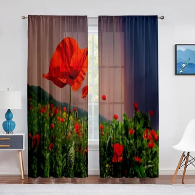 Coquelicots Rouges sur Champ Vert Rideaux Floraux Transparents Rideaux en Tulle pour Fenêtre de Salon pour Chambre Cuisine Décoration Intérieure Rideaux Voiles 1 PCS W100XH250cm&Grommet Top