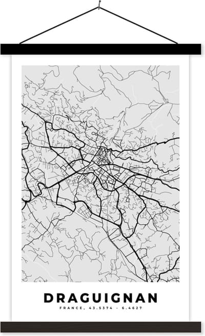 Posterhanger incl. Poster 40x60 cm - Schoolplaat - Plattegrond – Draguignan – Stadskaart – Kaart – Frankrijk - Textielposter - Zwarte latten - Stadskaart