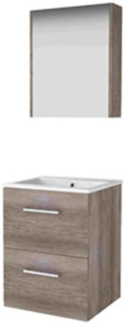 Basic-Line Comfort 46 Badkamermeubelset - 50 x 46 cm - Met Grepen - 2 Lades - Keramische Wastafel - 1 Kraangat - Spiegelkast - Scotch Oak