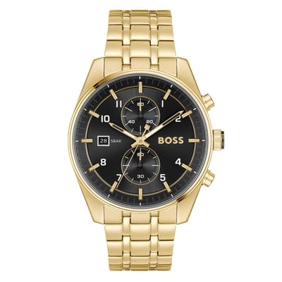 BOSS HB1514152 SKYTRAVELLER Heren Horloge - Chronograaf - Mineraalglas - Staal - Goudkleurig/Zilverkleurig - 44 mm breed - Quartz - Vouw/Vlindersluiting
