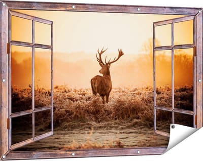 Gards Tuinposter Doorkijk Hert in de Wei tijdens de Zonsopkomst - 120x80 cm - Tuindoek - Tuindecoratie - Wanddecoratie buiten - Tuinschilderij