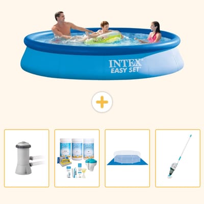Intex Rond Opblaasbaar Easy Set Zwembad - 366 x 76 cm - Blauw - Inclusief Pomp - Onderhoudspakket - Grondzeil - Stofzuiger - 5-delig