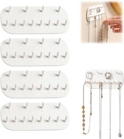 4 stuks - Opbergrek - Displayrek - Wandhouder voor kettingen - Haken - Inclusief plakband - Geen boren nodig - Wandmontage - Wit - 14*6*2 cm - Geschikt voor het opbergen van kettingen, ringen, armbanden, kettingen en sleutels
