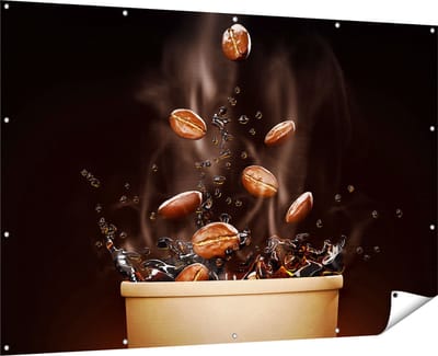 Gards Tuinposter Koffie Beker met Koffiebonen Erin - 180x120 cm - Tuindoek - Tuindecoratie - Wanddecoratie buiten - Tuinschilderij