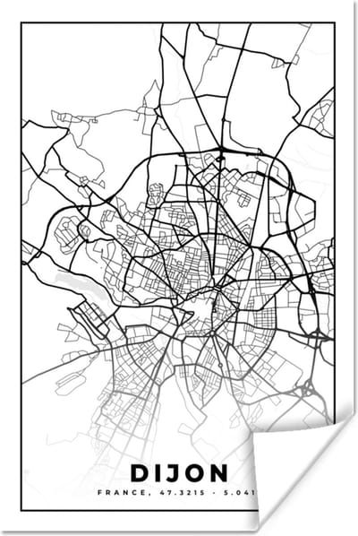 Poster Frankrijk - Dijon - Plattegrond - Stadskaart - Kaart - Zwart wit - 120x180 cm XXL