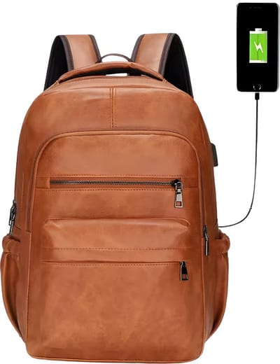CarryQuest® - Laptop Rugzak - USB Oplaadbare Rugzak Heren - PU Lederen Rugzak - 15" Laptop - Schooltas Voor Tienerjongens - 20-35L Capaciteit - Lichtbruin