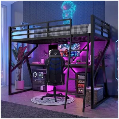 Merax Kinderhoogslaper - 90 x 200 cm - ijzeren frame - met LED-verlichting + trap + bureau - Metaal + MDF - zwart
