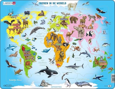 Larsen Dieren in de wereld – Puzzel – Kaarten & Geografie – Wereld met dieren – Educatieve legpuzzel voor kinderen – 28 stukjes – Gemaakt in Noorwegen – Extra dikke 2,5 mm stukjes – Tray met vaste rand